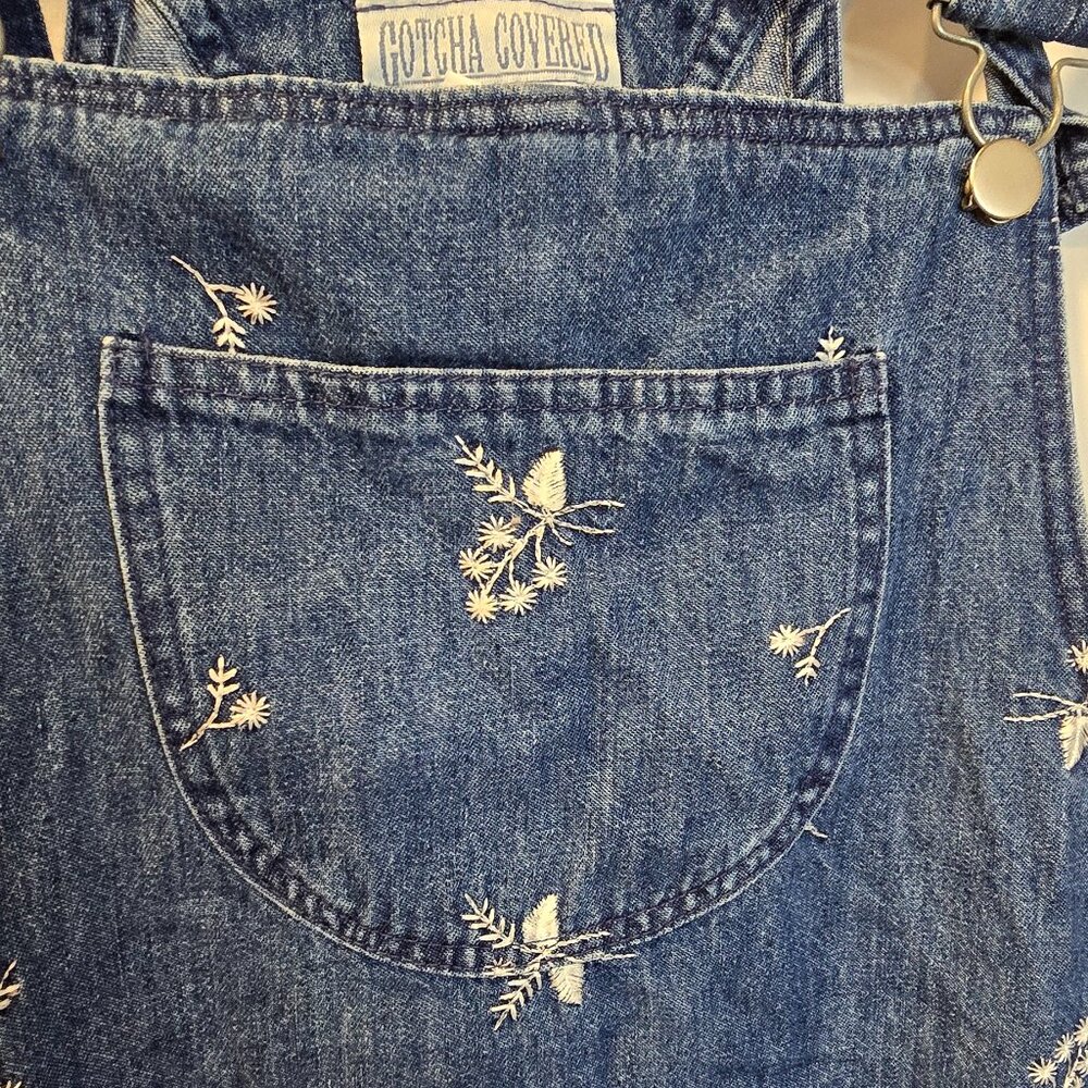 Vintage Gotcha Covered Overall Dress Embroidered Flowers Size 10 Blue - Picture 3 of 11